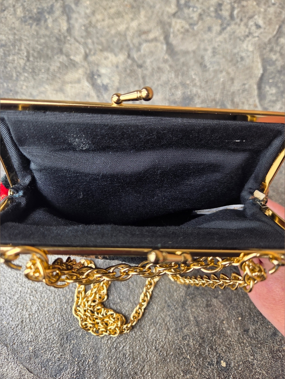 Gold-Handle Black Floral Chenille Velvet Carpet Evening Bag - Picture 8 of 9
